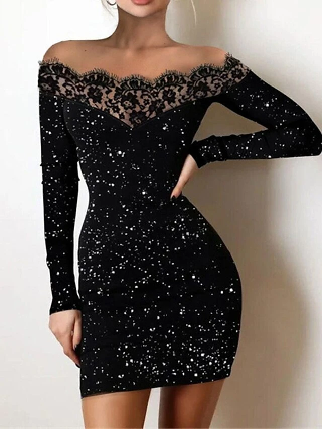 Women‘s Wedding Guest Dress Homecoming Dress Party Dress Lace Dress Black Dress Bodycon Sheath Dress Mini Dress Long Sleeve Polka Dot Winter Fall Autumn Off Shoulder Sexy Winter Dress 3 Women‘s Wedding Guest Dress Homecoming Dress Party Dress Lace Dress Black Dress Bodycon Sheath Dress Mini Dress Long Sleeve Polka Dot Winter Fall Autumn Off Shoulder Sexy Winter Dress