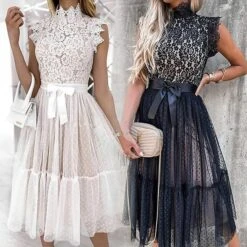 Women's Party Dress Lace Dress Homecoming Dress Midi Dress Black White Pink Sleeveless Pure Color Patchwork Summer Spring Fall Stand Collar Fashion Party Birthday Wedding Guest 2023 S M L XL XXL