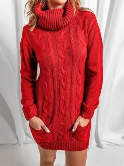 Women‘s Sweater Dress Winter Dress Jumper Dress Mini Dress Pocket Outdoor Street Daily Fashion Streetwear Turtleneck Long Sleeve 2023 Loose Fit Black Red Khaki Color S M L XL XXL Size -Tesla Style aoetqv1694056898562