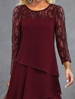 Women's Party Dress Lace Dress Cocktail Dress Midi Dress Wine Navy Blue Long Sleeve Pure Color Lace Spring Fall Winter Crew Neck Fashion Wedding Guest Vacation 2023 S M L XL XXL 3XL -Tesla Style aogfer1694057372920