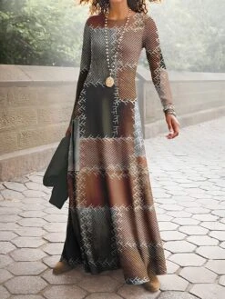 Women's Work Dress Casual Dress A Line Dress Fashion Winter Dress Daily Long Dress Maxi Dress Print Crew Neck Long Sleeve Geometric Plaid Regular Fit Yellow Blue Green Fall Winter S M L XL XXL -Tesla Style aooxei1694490801090