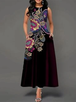 Women's Work Dress Semi Formal Dress Fashion Maxi Dress Pocket Print Crew Neck Sleeveless Floral Regular Fit Black Wine Summer Spring S M L XL -Tesla Style aoxbxu1673257592113