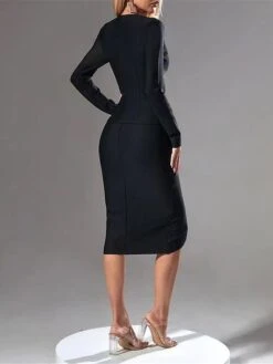 Women's Work Dress Sheath Dress Black Dress Fashion Midi Dress Button Split V Neck Long Sleeve Plain Regular Fit Black Summer Spring S M L XL -Tesla Style apdwhh1688449066735