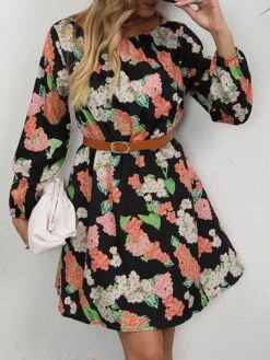 Women's Work Dress A Line Dress Fashion Mini Dress Print Crew Neck Long Sleeve Floral Loose Fit Red Blue Orange Fall S M L XL XXL -Tesla Style apgeab1693300570793