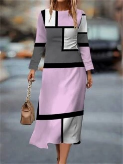 Women's Work Dress Casual Dress Semi Formal Dress Fashion Winter Dress Daily Midi Dress Print Crew Neck Long Sleeve Geometric Plaid Slim Light Pink Pink Blue Fall Winter S M L XL XXL -Tesla Style aprkgq1694660966808
