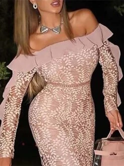 Women's Party Dress Lace Dress Wedding Guest Dress Midi Dress Pink Long Sleeve Pure Color Lace Spring Fall Winter Off Shoulder Fashion Wedding Guest Vacation Fall Dress 2023 S M L XL -Tesla Style apscay1682331463973