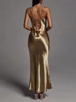 Women‘s Christmas Prom Dress Party Dress Satin Dress Long Dress Maxi Dress Red Gold Sleeveless Pure Color Backless Spring Fall Winter Spaghetti Strap Fashion Birthday Evening Party Wedding Guest -Tesla Style apsmmb1692173959970