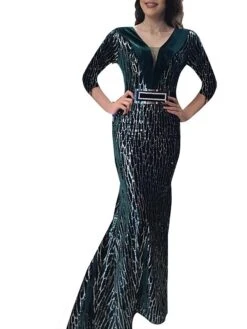 Women's Party Dress Sequin Dress Wedding Guest Dress Long Dress Maxi Dress Black Pink Blue 3/4 Length Sleeve Pure Color Sequins Spring Fall Winter V Neck Fashion Winter Dress Wedding Guest Evening -Tesla Style aqayth1697621542858