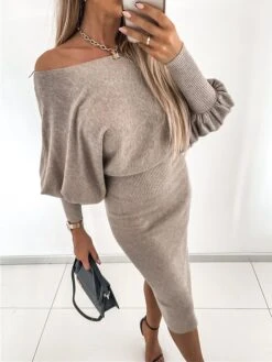 Women's Sweater Dress Winter Dress Jumper Dress Midi Dress Ruched Street Daily Going Out Fashion Streetwear Crew Neck Long Sleeve 2023 Regular Fit Black Khaki Gray Color S M L XL XXL Size -Tesla Style aqbbeg1692083471177