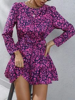 Women's Work Dress Sheath Dress Semi Formal Dress Fashion Mini Dress Lace Up Print Crew Neck Long Sleeve Floral Loose Fit Black Fuchsia Brown Fall S M L XL XXL -Tesla Style aqgjyi1693300584717