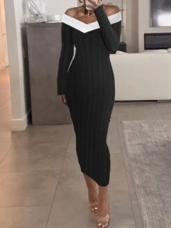 Women's Party Dress Bodycon Sheath Dress Midi Dress Black Long Sleeve Color Block Patchwork Fall Winter Autumn Off Shoulder Fashion Evening Party Vacation 2023 S M L XL XXL 3XL