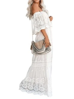 Women's Long Dress Maxi Dress Party Dress Lace Dress Swing Dress Floral Fashion Elegant Dress Daily Vacation Going Out Lace Mesh Half Sleeve Off Shoulder Dress Slim White Summer Spring S M L XL -Tesla Style aqskph1672990410524
