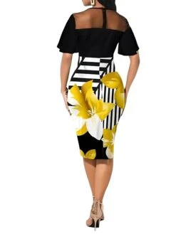 Women's Work Dress Sheath Dress Semi Formal Dress Fashion Midi Dress Lace Mesh Crew Neck Short Sleeve Floral Stripe Slim Yellow Summer Spring S M L XL XXL -Tesla Style argfop1680088245305