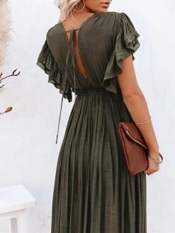 Women's Long Dress Maxi Dress Party Dress Casual Dress Swing Dress Pure Color Fashion Casual Outdoor Daily Vacation Ruffle Backless Short Sleeve V Neck Dress Loose Fit ArmyGreen White Red Summer -Tesla Style arkcpl1676277813213