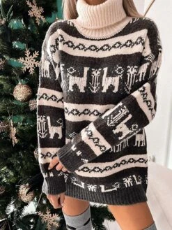Women‘s Christmas Sweater Dress Jumper Dress Winter Dress Warm Animal Geometric Print Outdoor Christmas Casual Daily Turtleneck Long Sleeve 2023 Loose Fit Red Gray S M L XL -Tesla Style arulre1694165715109