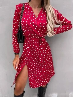 Women's Work Dress Sheath Dress Semi Formal Dress Fashion Midi Dress Lace Up Split V Neck Long Sleeve Polka Dot Loose Fit Black White Red Fall Winter S M L XL XXL -Tesla Style asjpnh1692080007368