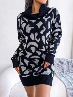 Women's Sweater Dress Jumper Dress Casual Dress Mini Dress Fashion Leopard Outdoor Daily Going Out Turtleneck Long Sleeve 2023 Loose Fit Black Wine Khaki S M L -Tesla Style assosg1694756294931