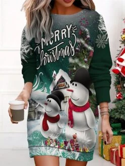 Women's Christmas Casual Dress Sweatshirt Dress Mini Dress Warm Fashion Outdoor Vacation Crew Neck Print Santa Claus Snowman Loose Fit Black White Wine S M L XL XXL -Tesla Style astqlv1695365438067