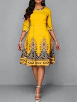 Women's Work Dress A Line Dress Fashion Office Daily Midi Dress Print Crew Neck Half Sleeve Print Regular Fit Black Yellow Red Fall Winter S M L XL XXL -Tesla Style astqsi1697098983218