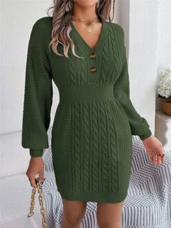 Women's Sweater Dress Winter Dress Jumper Dress Mini Dress Active Pure Color Outdoor Casual Holiday Vacation V Neck Long Sleeve Button 2023 Regular Fit White Pink Green S M L -Tesla Style aswddl1696926540057