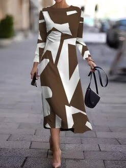 Women's Work Dress Casual Dress Semi Formal Dress Fashion Winter Dress Daily Midi Dress Print Crew Neck Long Sleeve Geometric Color Block Slim Navy Blue Purple Brown Fall Winter S M L XL XXL -Tesla Style aswnaf1694157006392
