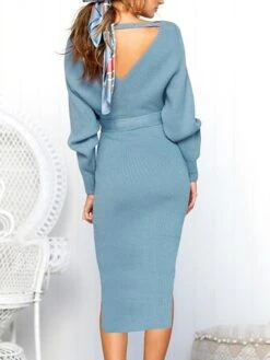 Women's Sweater Dress Winter Dress Jumper Dress Midi Dress Lace Up Split Daily Date Going Out Active Fashion V Neck Long Sleeve 2023 Regular Fit Black Yellow Fuchsia Color S M L XL XXL Size -Tesla Style atrycx1692857083166