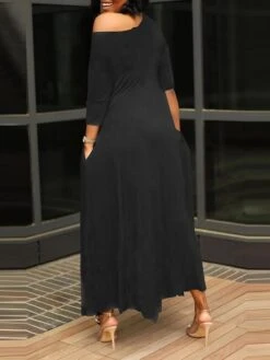Women's Work Dress Black Dress White Dress Fashion Long Dress Maxi Dress Ruched Pocket One Shoulder 3/4 Length Sleeve Plain Regular Fit Black White Pink Fall S M L XL XXL -Tesla Style aujgem1693203375248