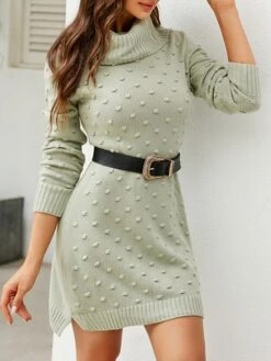 Women's Sweater Dress Winter Dress Jumper Dress Mini Dress Split Outdoor Street Daily Fashion Streetwear Turtleneck Long Sleeve 2023 Regular Fit White Green Color S M L XL Size -Tesla Style aupyok1692081711695