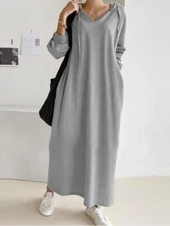 Women's Casual Dress Hoodie Dress Shift Dress Long Dress Maxi Dress Pocket Outdoor Daily Going Out Active Fashion Hooded Long Sleeve 2023 Loose Fit Black Khaki Gray Color S M L XL XXL Size -Tesla Style aurijz1693222777399