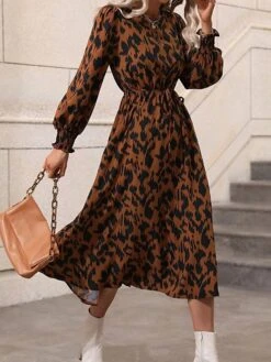 Women's Work Dress Casual Dress Swing Dress Fashion Daily Workfashion Midi Dress Print Crew Neck Long Sleeve Leopard Loose Fit Red Orange Fall Winter S M L XL -Tesla Style avalra1695030990345