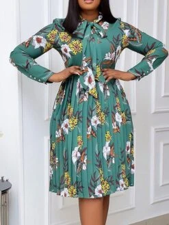 Women's Work Dress Casual Dress Semi Formal Dress Fashion Office Daily Workfashion Midi Dress Pleated Bow Crew Neck Long Sleeve Floral Regular Fit Blue Green Fall Winter S M L XL XXL