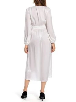 Women's Work Dress Satin Dress White Dress Fashion Midi Dress Drawstring Split V Neck Long Sleeve Plain Loose Fit White Fall Winter S M L XL XXL -Tesla Style aveksd1693467423241