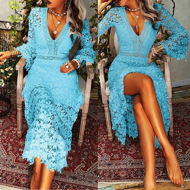 Women's Party Dress Lace Dress Homecoming Dress Long Dress Maxi Dress White Yellow Pink Long Sleeve Pure Color Lace Summer Spring Fall Deep V Fashion Winter Dress Birthday Wedding Guest 2022 S M L XL 11 Women's Party Dress Lace Dress Homecoming Dress Long Dress Maxi Dress White Yellow Pink Long Sleeve Pure Color Lace Summer Spring Fall Deep V Fashion Winter Dress Birthday Wedding Guest 2022 S M L XL - Image 9