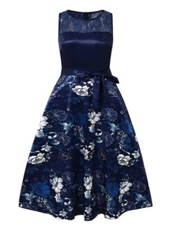 Women's Elegant Retro Vintage Tea Dresses Swing Dress Midi Dress Party Birthday Lace Bow Floral Crew Neck Sleeveless Regular Fit Spring Summer 2023 Dark Blue S M L XL -Tesla Style avpvnb1684134570923