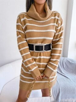 Women's Sweater Dress Jumper Dress Casual Dress Mini Dress Fashion Stripe Outdoor Daily Going Out Turtleneck Long Sleeve 2023 Loose Fit Black Khaki S M L -Tesla Style avqisk1694756408566