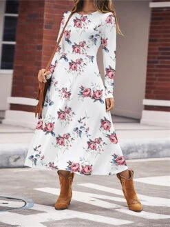 Women's Work Dress Casual Dress Swing Dress Fashion Winter Dress Daily Midi Dress Print Crew Neck Long Sleeve Floral Regular Fit White Red Blue Fall Winter S M L XL XXL -Tesla Style avtuwc1696645465160