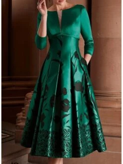 Women‘s Emerald Green Dress Midi Dress Green 3/4 Length Sleeve Floral Print Summer Spring V Neck Fashion 2023 3XL