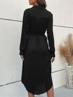Women's Work Dress Casual Dress Black Dress Fashion Office Daily Workfashion Midi Dress Lace Up Button Shirt Collar Long Sleeve Plain Loose Fit Black Fall Winter S M L XL -Tesla Style awfcea1695105090095