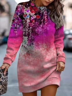 Women's Casual Dress Sweatshirt Dress Winter Dress Floral Print Crew Neck Mini Dress Fashion Streetwear Outdoor Daily Long Sleeve Loose Fit Yellow Pink Green Fall Winter S M L XL XXL -Tesla Style awialq1693907114945