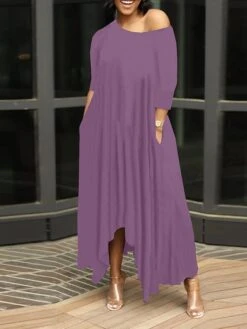 Women's Work Dress Black Dress White Dress Fashion Long Dress Maxi Dress Ruched Pocket One Shoulder 3/4 Length Sleeve Plain Regular Fit Black White Pink Fall S M L XL XXL -Tesla Style awikwe1693203377775