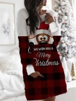 Women's Christmas Hoodie Dress Winter Dress Mini Dress Wine Fuchsia Red Navy Blue Long Sleeve Plaid Elk Tree Pocket Print Winter Fall Hooded Casual Loose Fit 2022 S M L XL XXL 3XL -Tesla Style awinav1666927692488