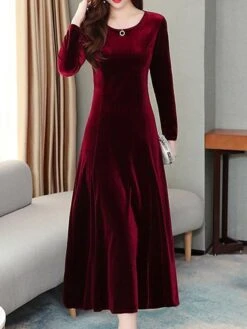 Women's Green Velvet Dress Maxi Long Dress Black Wine Blue Long Sleeve Solid Color Ruched Fall Winter Crew Neck Party Stylish Elegant Party -Tesla Style awkgee1637316072753