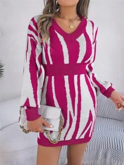 Women's Sweater Dress Winter Dress Jumper Dress Mini Dress Warm Stripe Outdoor Casual Holiday Vacation V Neck Long Sleeve Patchwork 2023 Loose Fit Green Khaki Rose Red S M L -Tesla Style awyxvf1696926506513