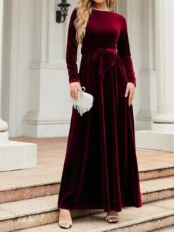 Women's Party Dress Velvet Dress Emerald Green Dress Long Dress Maxi Dress Black Wine Green Long Sleeve Pure Color Lace Up Spring Fall Winter Round Neck Fashion Winter Dress Fall Dress Spring Dress -Tesla Style axmapu1664430783096
