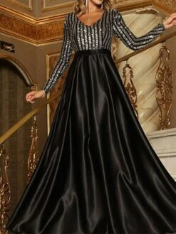 Women‘s Formal Party Dress Satin Dress Maxi Dress Green Khaki Silver Beige Black Long Sleeve Pure Color Sequins Winter V Neck Stylish Elegant Wedding Guest Fall Dress 2023 M L XL XXL 3XL 4XL -Tesla Style axtthw1647942880205