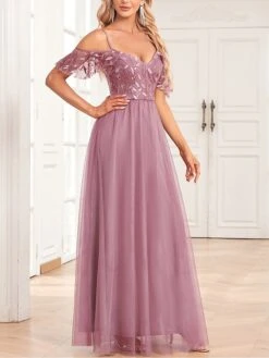 Women‘s Prom Dress Party Dress Sequin Dress Long Dress Maxi Dress Pink Short Sleeve Pure Color Sparkly Glitter Sequins Fall Winter Autumn Spaghetti Strap Fashion Wedding Guest Evening Party -Tesla Style axuglk1693535463366