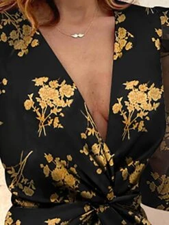 Women's Normal Satin Dress A Line Dress Mini Dress Leopard Safflower On White Yellow Flower On Black Long Sleeve Leopard Ruched Summer Spring V Neck Ethnic Style Winter Dress Fall Dress 2023 S M L XL -Tesla Style ayajiu1625548208940