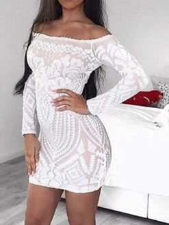 Women‘s Party Dress Sequin Dress Homecoming Dress Mini Dress Black White Long Sleeve Pure Color Sparkly Glitter Sequins Spring Fall Winter Off Shoulder Fashion Winter Dress Wedding Guest -Tesla Style ayfgos1692859719690