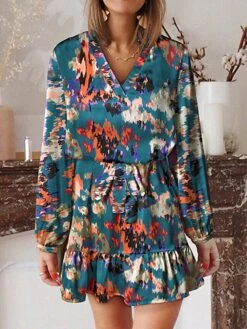 Women's Work Dress A Line Dress Fashion Mini Dress Lace Up Ruffle V Neck Long Sleeve Floral Regular Fit Black Pink Blue Fall S M L XL -Tesla Style aylvoe1694490790983