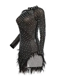 Women's Party Dress Feather Dress Sheath Dress Mini Dress Black White Pink Long Sleeve Pure Color Mesh Fall Winter Autumn Stand Collar Fashion Party Winter Dress Fall Dress Slim 2023 S M L XL XXL -Tesla Style azadmm1663727497182